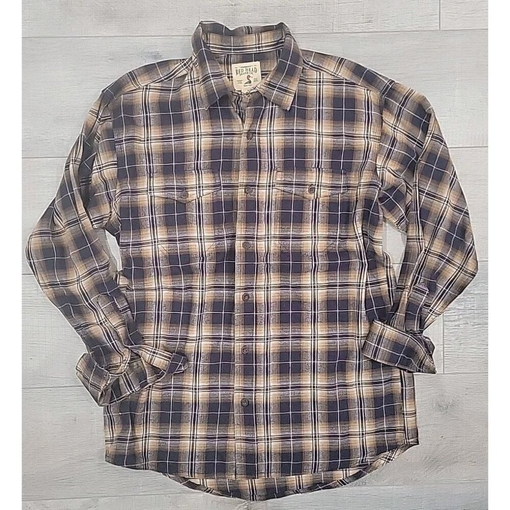 Red Head Shirt Mens Medium Flannel‎ Long Sleeve Button Down Plaid Blue